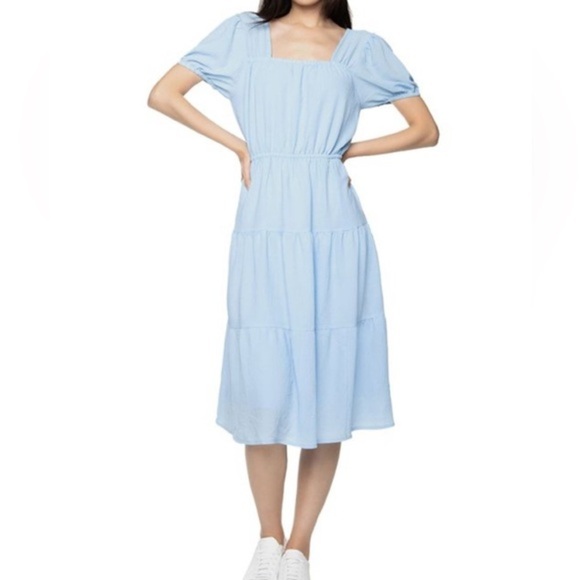 Black Tape_ Dresses & Skirts - Black Tape Light Blue Tiered Puff Sleeve Midi Dress – Size Small